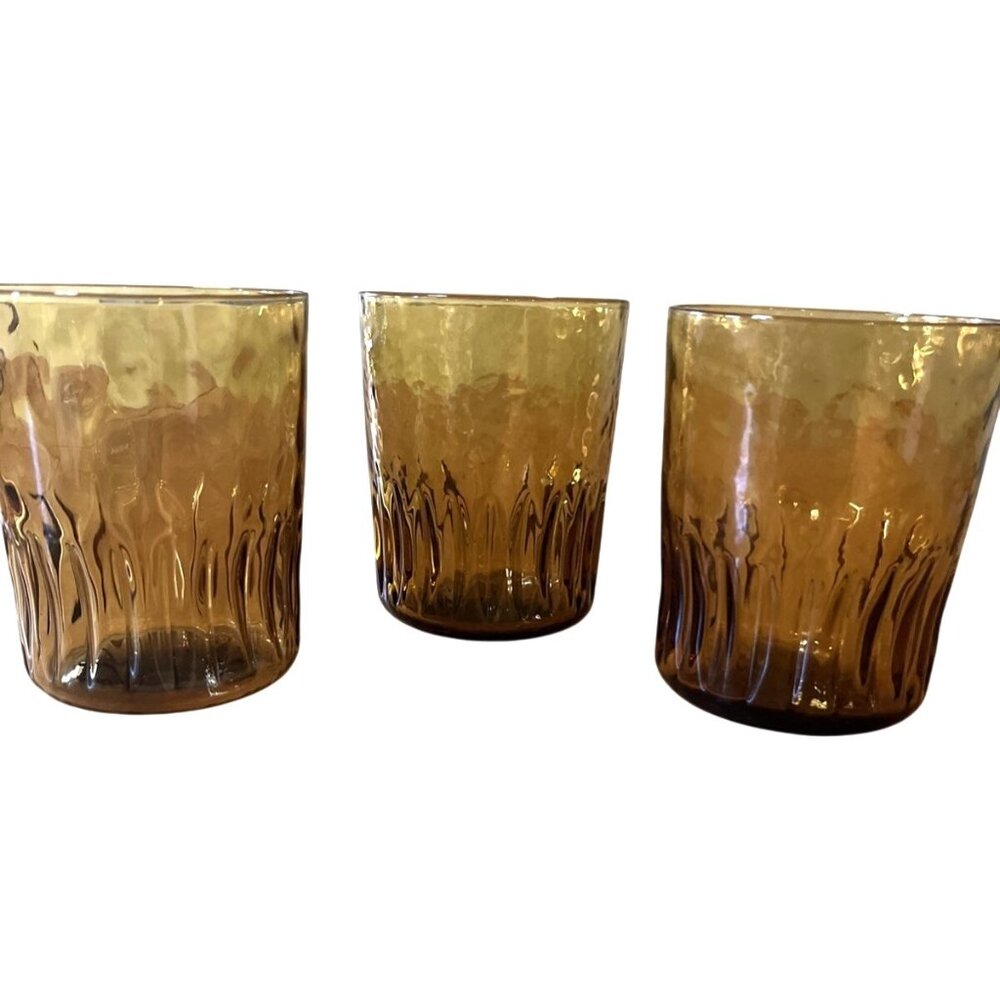 Vintage Set Of 3 Amber Crinkle Tumblers Lowball Whiskey Glass MCM 4”Tall